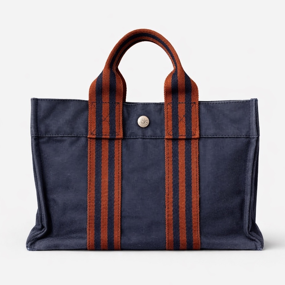 Hermès Fourre Tout PM Mini Tote Navy Canvas Stripe Bag - Authentic Y2K